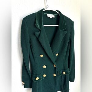 St. John Emerald green double-breasted blazer jacket gold velvet collar 12